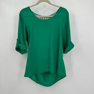 Moa Moa Women’s Open Drape Back Top Size L Boho Lace‎ Flowy Cottagecore Green